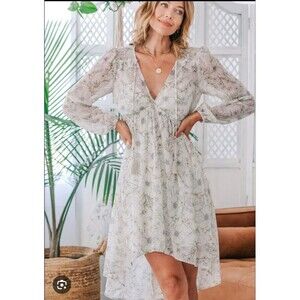 Lovestitch Ivory Floral High Low Sheer Midi Babydoll Dress sz M Bridal Romantic